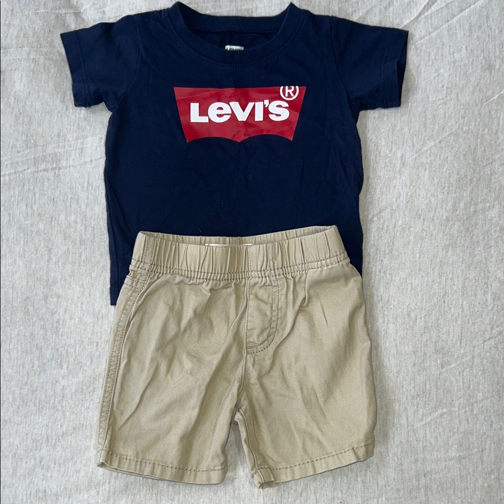 Levi's Navy Graphic Tee with Red Logo and Khaki Shorts Set Americana